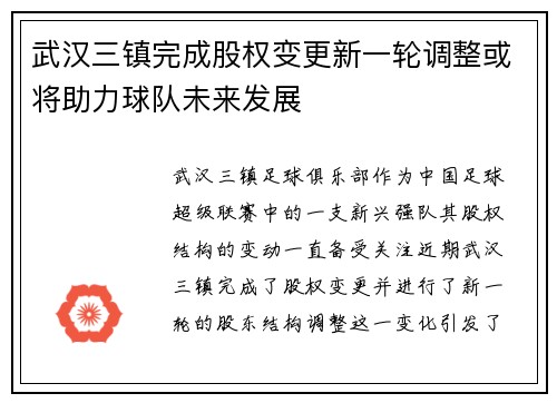 武汉三镇完成股权变更新一轮调整或将助力球队未来发展